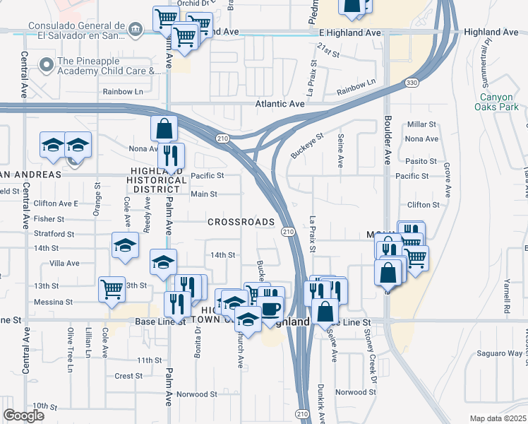 map of restaurants, bars, coffee shops, grocery stores, and more near 7001 Church Avenue in Highland
