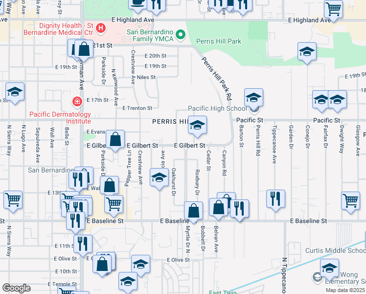 map of restaurants, bars, coffee shops, grocery stores, and more near 755 East Gilbert Street in San Bernardino