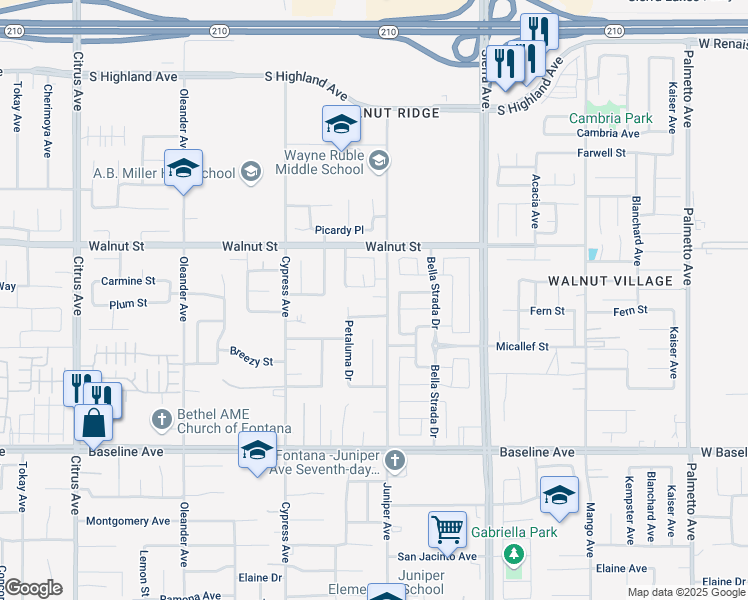 map of restaurants, bars, coffee shops, grocery stores, and more near 16666 Bidwell Lane in Fontana