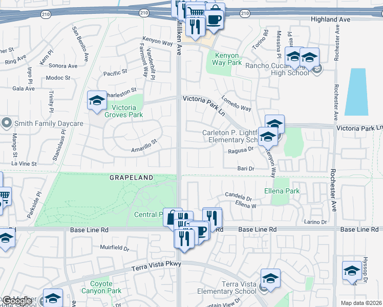 map of restaurants, bars, coffee shops, grocery stores, and more near 7030 Mantova Place in Rancho Cucamonga
