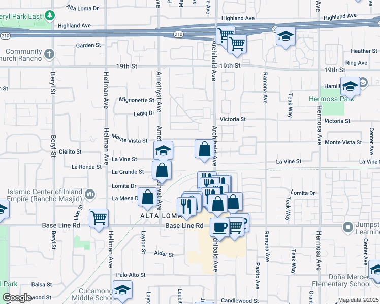 map of restaurants, bars, coffee shops, grocery stores, and more near 7040 Archibald Avenue in Rancho Cucamonga