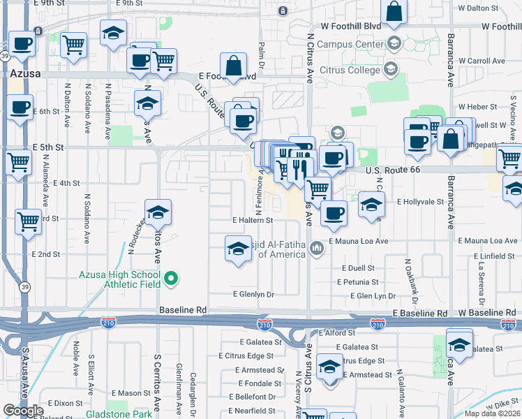 map of restaurants, bars, coffee shops, grocery stores, and more near 817 East Haltern Street in Azusa
