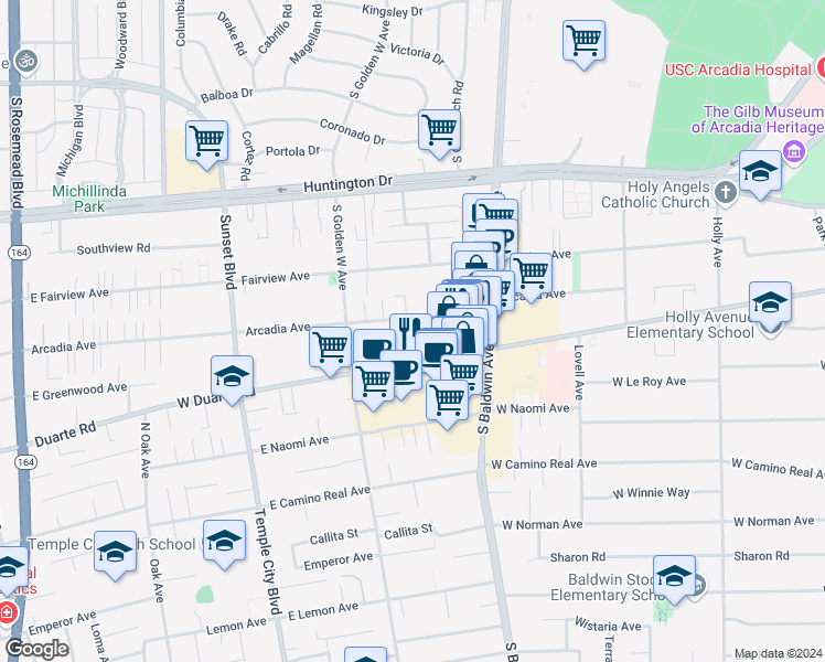 map of restaurants, bars, coffee shops, grocery stores, and more near 800 Arcadia Avenue in Arcadia