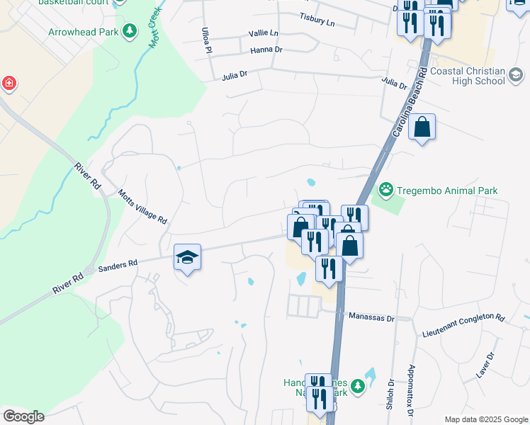 map of restaurants, bars, coffee shops, grocery stores, and more near 5818 Carolina Beach Road in Wilmington