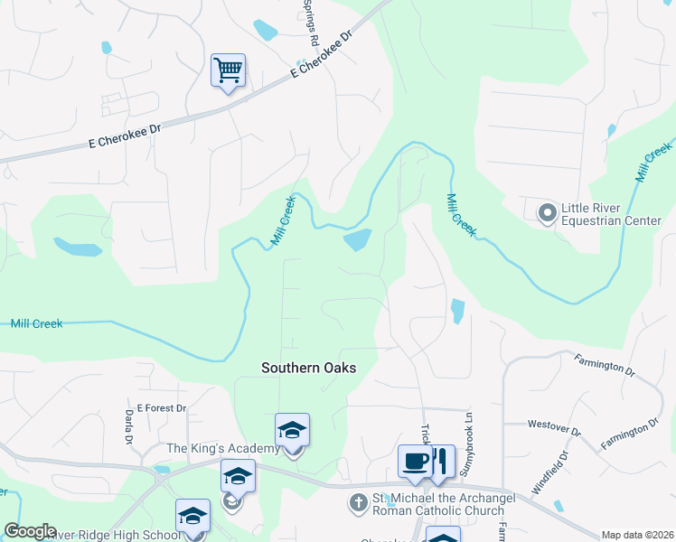 map of restaurants, bars, coffee shops, grocery stores, and more near Trickum Road in Woodstock