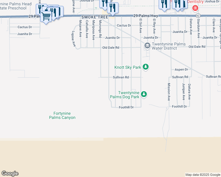 map of restaurants, bars, coffee shops, grocery stores, and more near 6969 Manzanita Avenue in Twentynine Palms