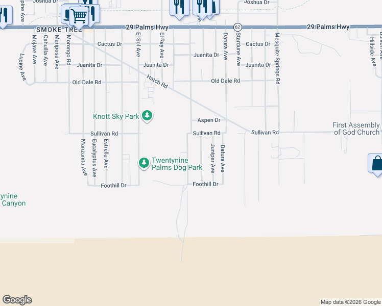 map of restaurants, bars, coffee shops, grocery stores, and more near 6973 Mission Avenue in Twentynine Palms