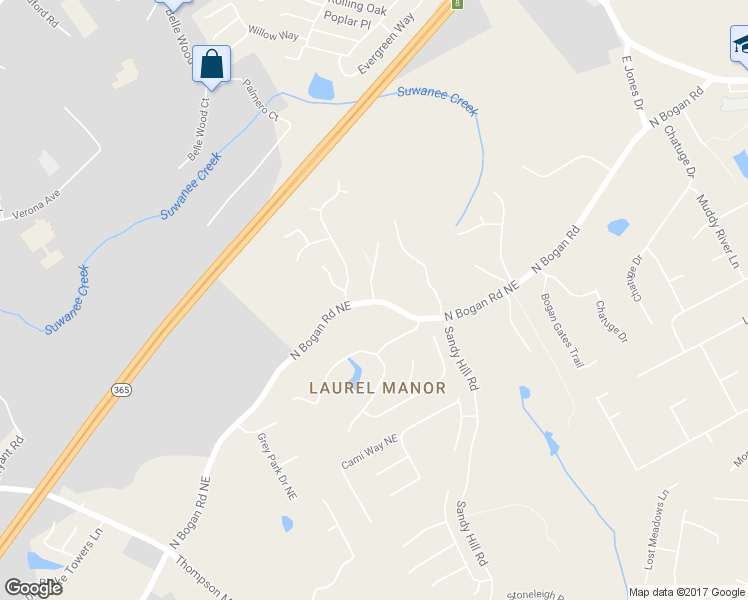 map of restaurants, bars, coffee shops, grocery stores, and more near 3342 North Bogan Road Northeast in Buford