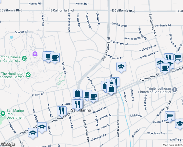 map of restaurants, bars, coffee shops, grocery stores, and more near 2449 Ridgeway Road in San Marino