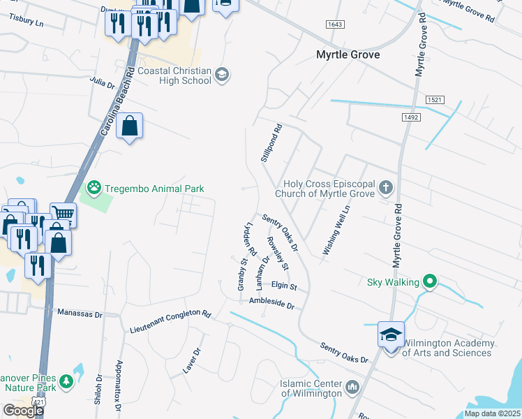 map of restaurants, bars, coffee shops, grocery stores, and more near 6101 Sentry Oaks Drive in Wilmington