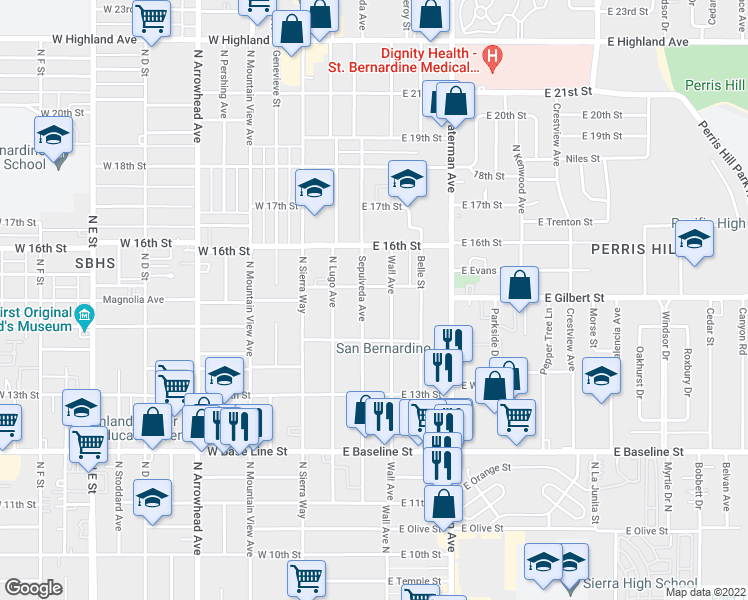 map of restaurants, bars, coffee shops, grocery stores, and more near 1473 Sepulveda Avenue in San Bernardino