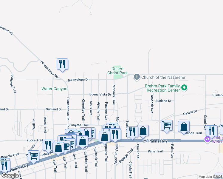 map of restaurants, bars, coffee shops, grocery stores, and more near 6980 Mohawk Trail in Yucca Valley