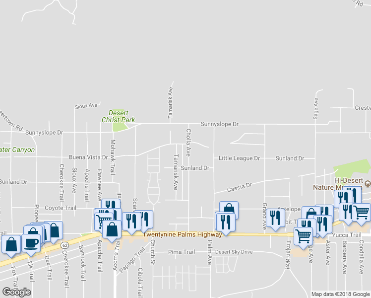 map of restaurants, bars, coffee shops, grocery stores, and more near 6966 Cholla Avenue in Yucca Valley