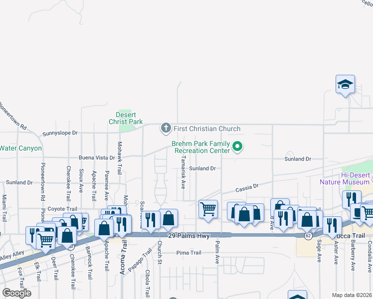 map of restaurants, bars, coffee shops, grocery stores, and more near 6971 Tamarisk Avenue in Yucca Valley