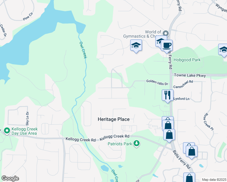 map of restaurants, bars, coffee shops, grocery stores, and more near 135 Golden Hills Drive in Woodstock