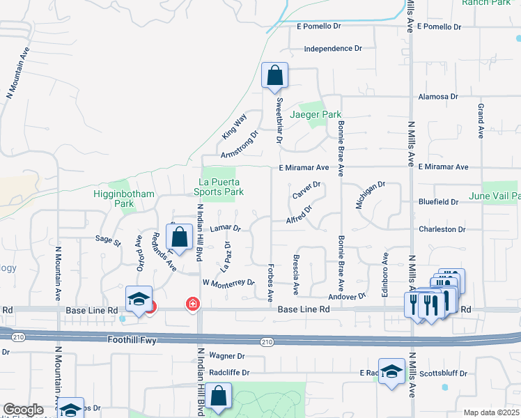 map of restaurants, bars, coffee shops, grocery stores, and more near 2324 Dana Court in Claremont