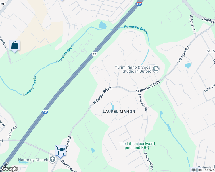 map of restaurants, bars, coffee shops, grocery stores, and more near 4508 Bogan Meadows Drive in Buford