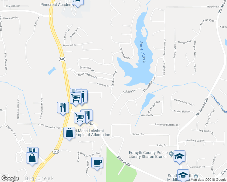 map of restaurants, bars, coffee shops, grocery stores, and more near 1525 Haddenham Drive in Cumming