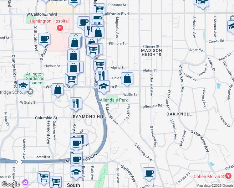 map of restaurants, bars, coffee shops, grocery stores, and more near 275 Wallis Street in Pasadena