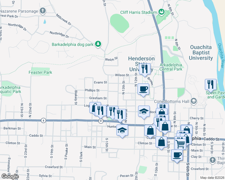 map of restaurants, bars, coffee shops, grocery stores, and more near 1406 Phillips Street in Arkadelphia