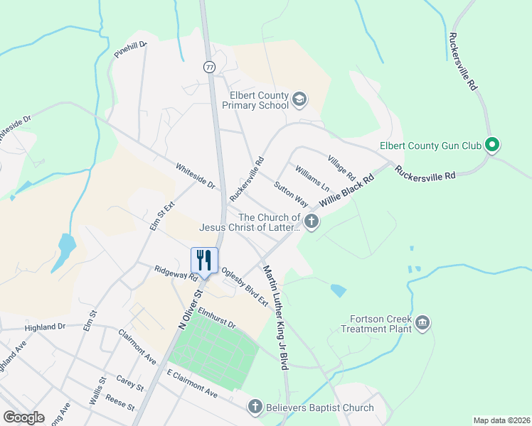 map of restaurants, bars, coffee shops, grocery stores, and more near 1123 Thompson Drive in Elberton