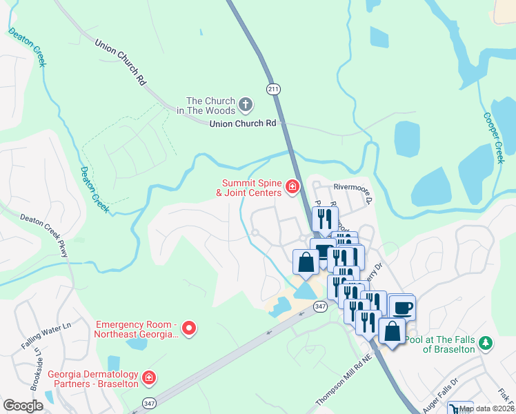 map of restaurants, bars, coffee shops, grocery stores, and more near 6022 Cloverfield Way in Braselton
