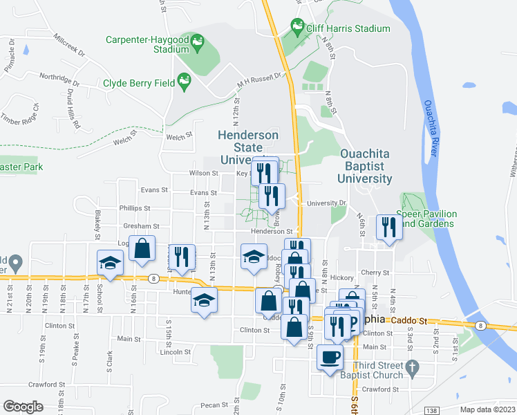 map of restaurants, bars, coffee shops, grocery stores, and more near 1100 Henderson Street in Arkadelphia