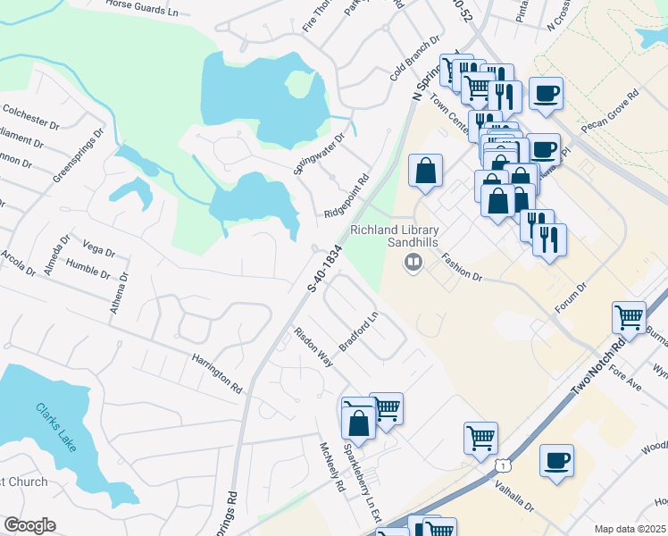 map of restaurants, bars, coffee shops, grocery stores, and more near 423 Bradford Lane in Columbia