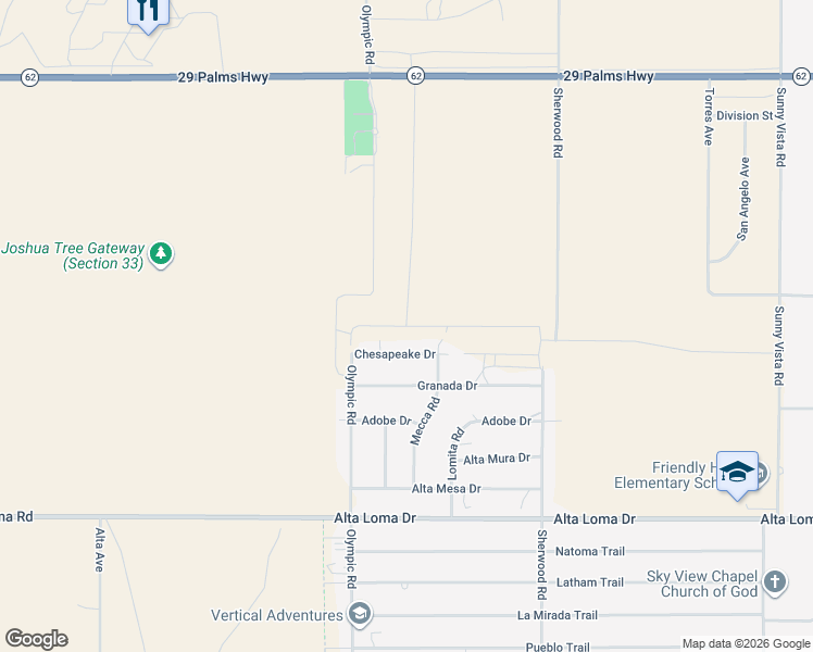map of restaurants, bars, coffee shops, grocery stores, and more near Olympic Road in Joshua Tree