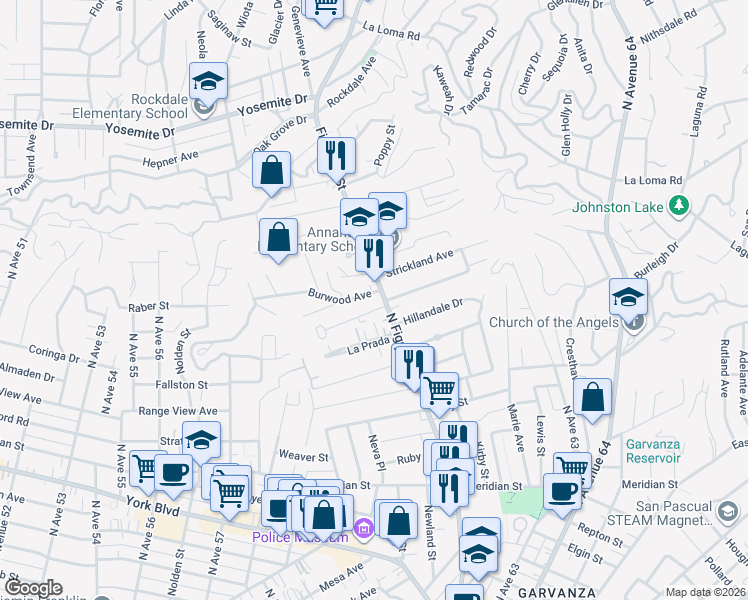 map of restaurants, bars, coffee shops, grocery stores, and more near 6042 Burwood Avenue in Los Angeles
