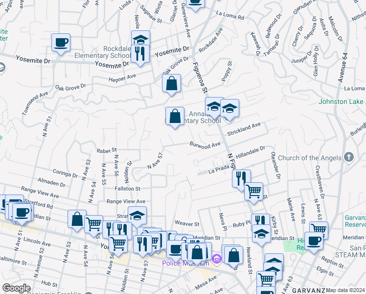 map of restaurants, bars, coffee shops, grocery stores, and more near 5850 Burwood Avenue in Los Angeles