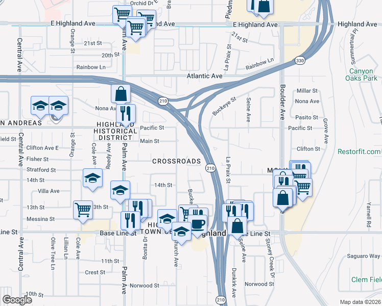 map of restaurants, bars, coffee shops, grocery stores, and more near in Highland