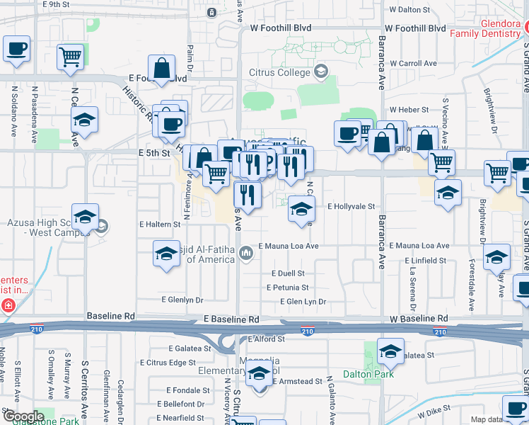 map of restaurants, bars, coffee shops, grocery stores, and more near 931 East Hollyvale Street in Azusa