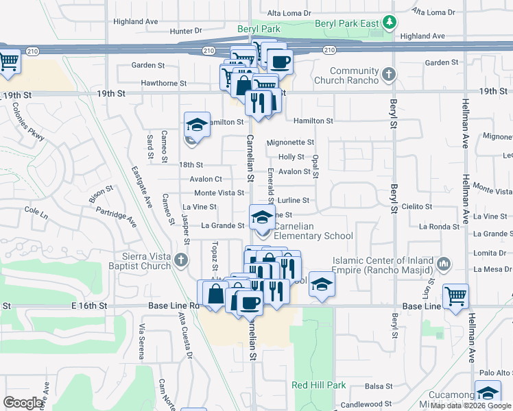 map of restaurants, bars, coffee shops, grocery stores, and more near 8715 Lurline Street in Rancho Cucamonga