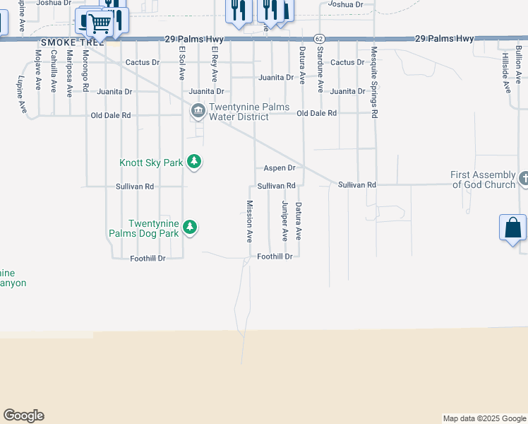 map of restaurants, bars, coffee shops, grocery stores, and more near 6972 49 Palms Avenue in Twentynine Palms