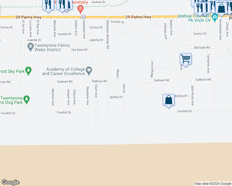 map of restaurants, bars, coffee shops, grocery stores, and more near 6969 Mesquite Springs Road in Twentynine Palms