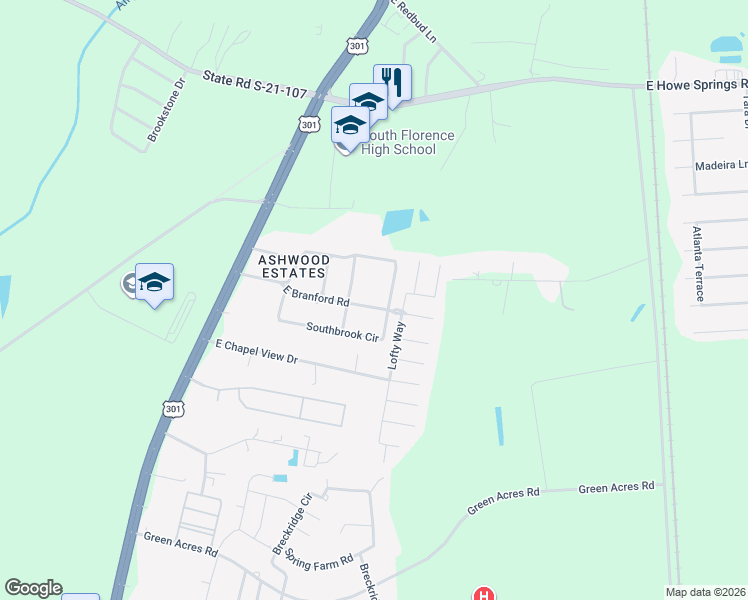 map of restaurants, bars, coffee shops, grocery stores, and more near 3440 Shadow Birch Road in Florence