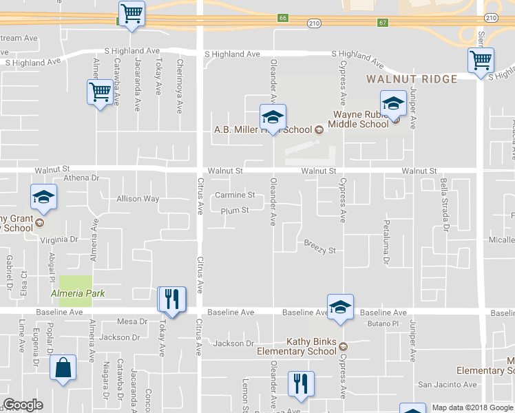 map of restaurants, bars, coffee shops, grocery stores, and more near 16284 Plum Street in Fontana