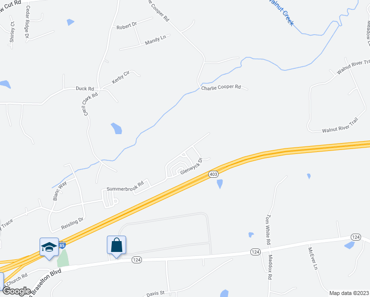 map of restaurants, bars, coffee shops, grocery stores, and more near 801 Walnut Woods Drive in Braselton