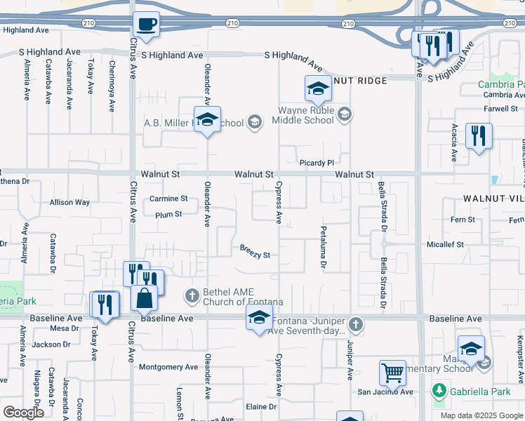 map of restaurants, bars, coffee shops, grocery stores, and more near 16453 Freesia Court in Fontana