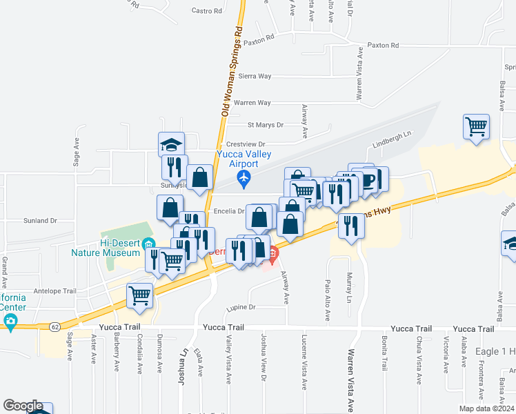 map of restaurants, bars, coffee shops, grocery stores, and more near 57422 Encelia Drive in Yucca Valley