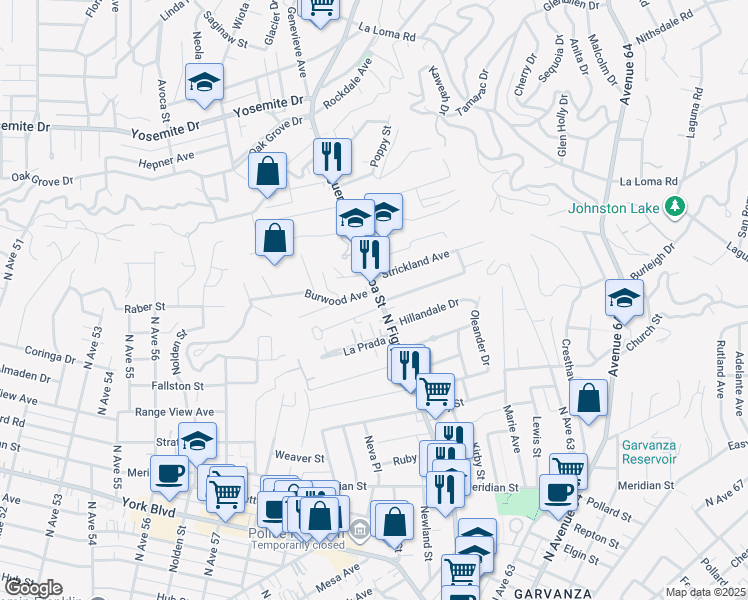 map of restaurants, bars, coffee shops, grocery stores, and more near 6849 North Figueroa Street in Los Angeles