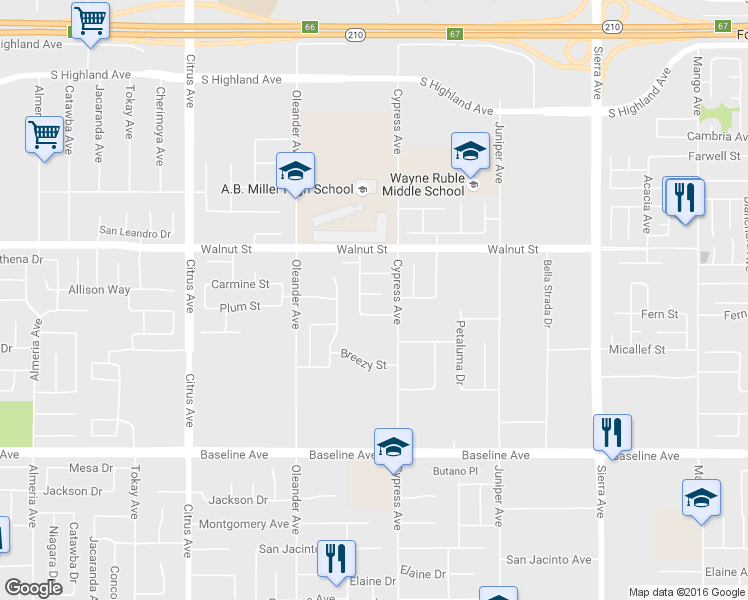 map of restaurants, bars, coffee shops, grocery stores, and more near 16453 Freesia Court in Fontana