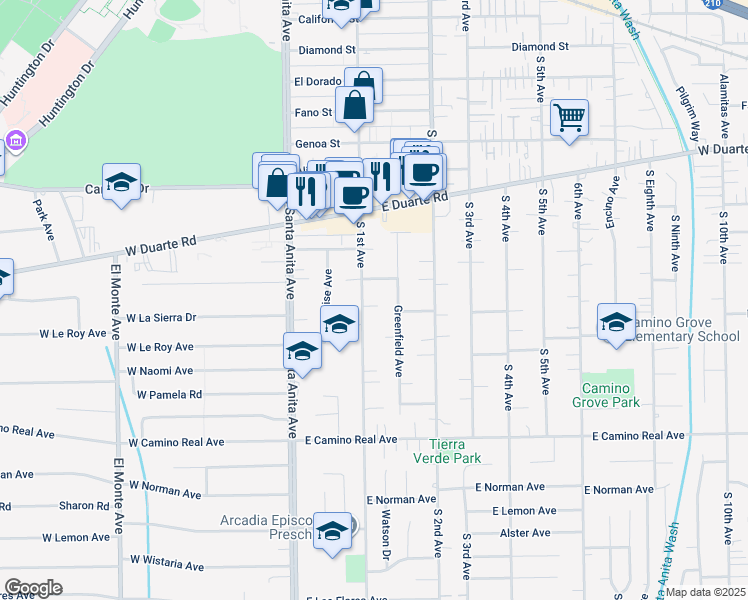map of restaurants, bars, coffee shops, grocery stores, and more near 108 Kari Way in Arcadia