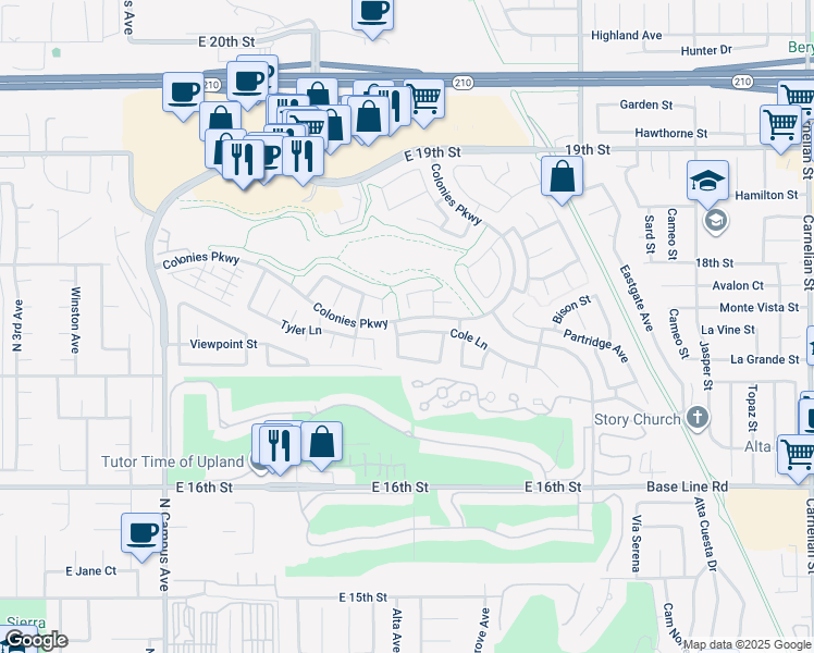 map of restaurants, bars, coffee shops, grocery stores, and more near 1311 Cole Lane in Upland