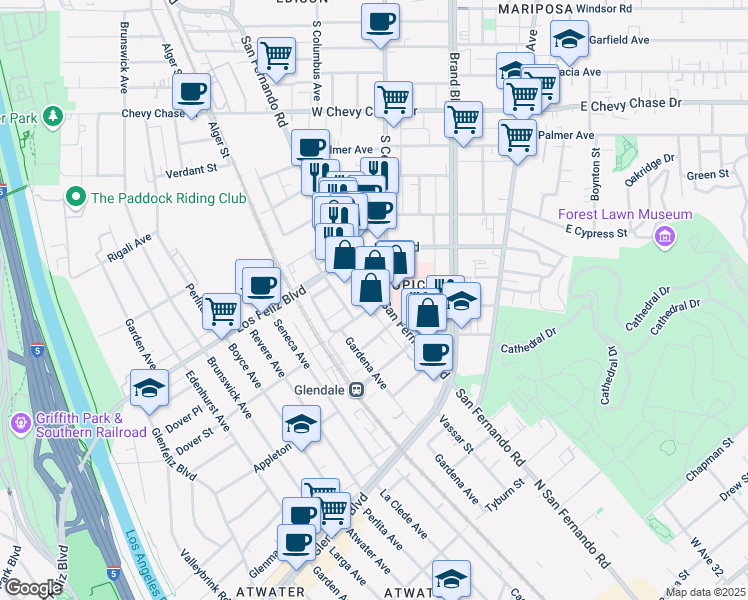 map of restaurants, bars, coffee shops, grocery stores, and more near 1614 South Central Avenue in Glendale