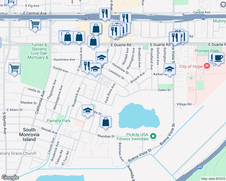 map of restaurants, bars, coffee shops, grocery stores, and more near 1980 Park Rose Avenue in Duarte