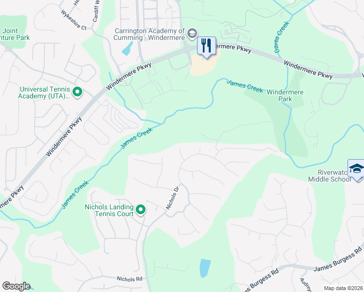 map of restaurants, bars, coffee shops, grocery stores, and more near 950 Tree Top Drive in Suwanee