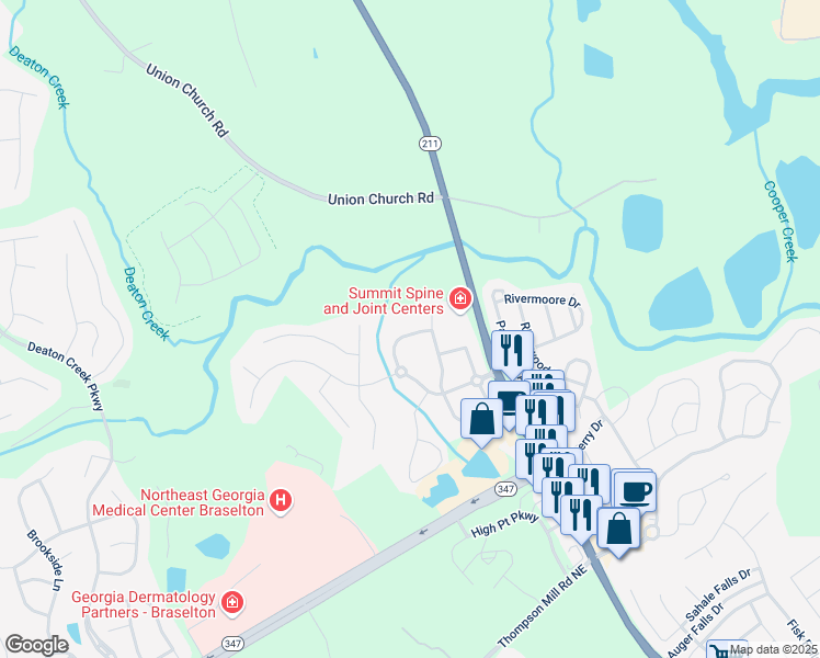 map of restaurants, bars, coffee shops, grocery stores, and more near 6018 Cloverfield Way in Braselton