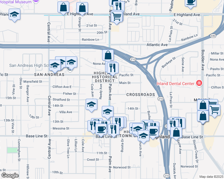 map of restaurants, bars, coffee shops, grocery stores, and more near 6979 Palm Avenue in Highland